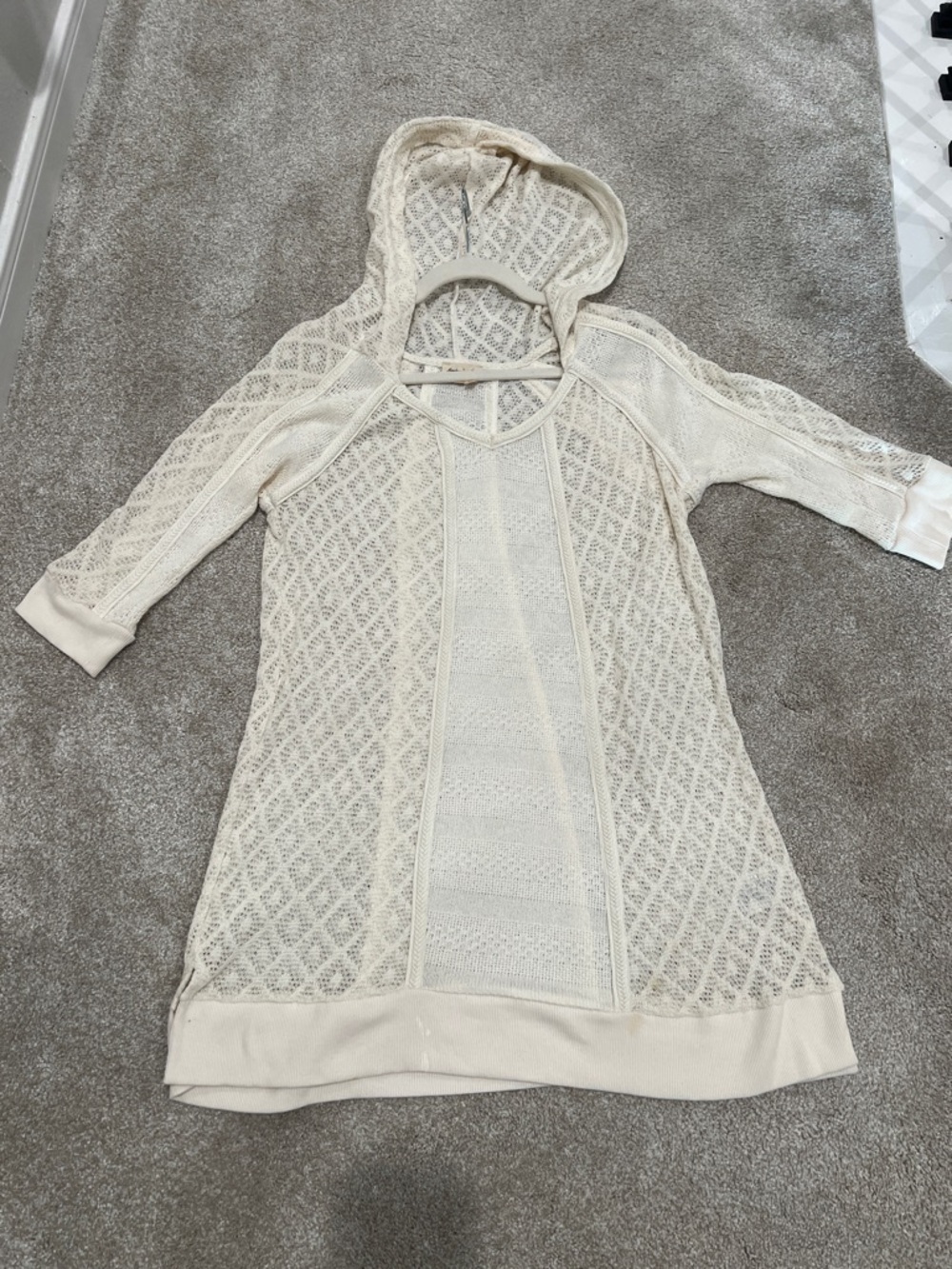 Meadow Rue Cream Lace-Knit Hooded Scoop-Neck Sweater